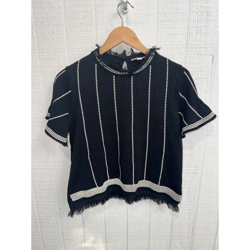 THML Knit Top Women Black White Geometric Fringe Trim Short Sleeve S